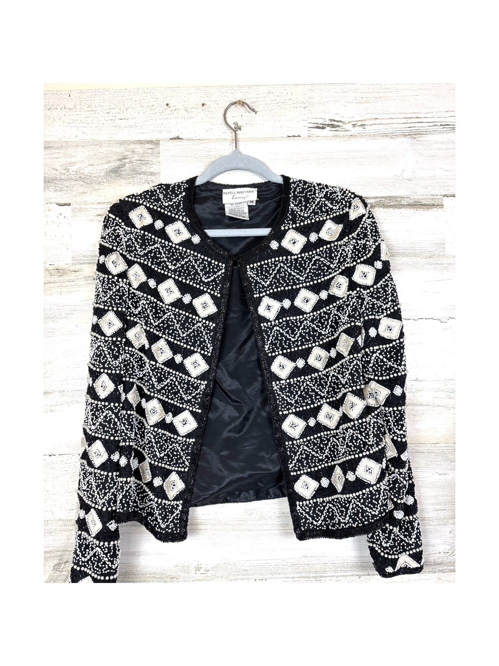 Papell Boutique Womens M Vintage Black White Silk Beaded Embroidered Jacket